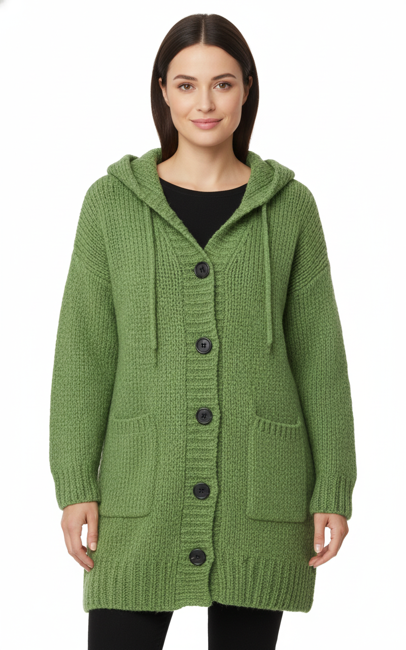 Women's Long Cardigan with Hood and Knit Design