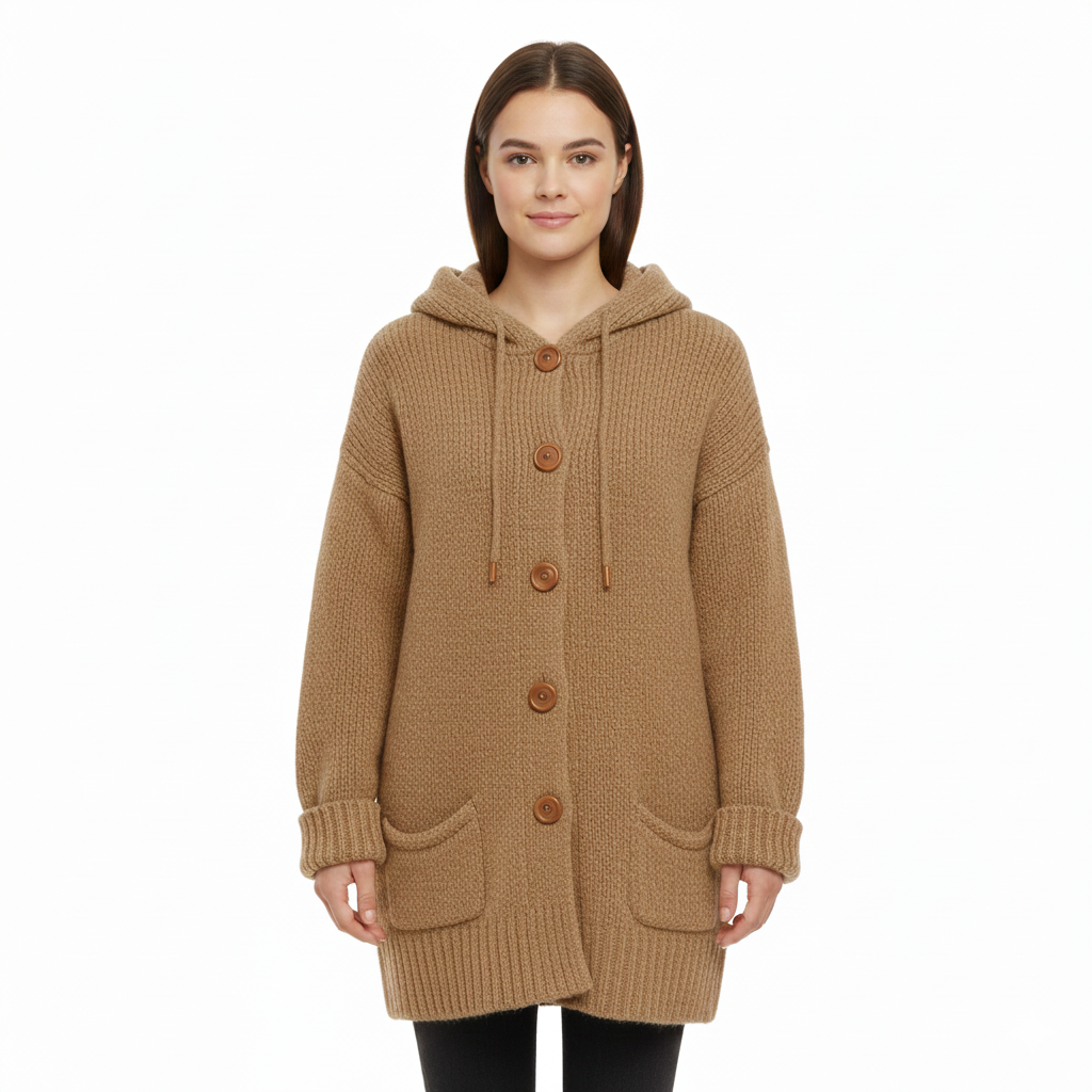 Women's Long Cardigan with Hood and Knit Design