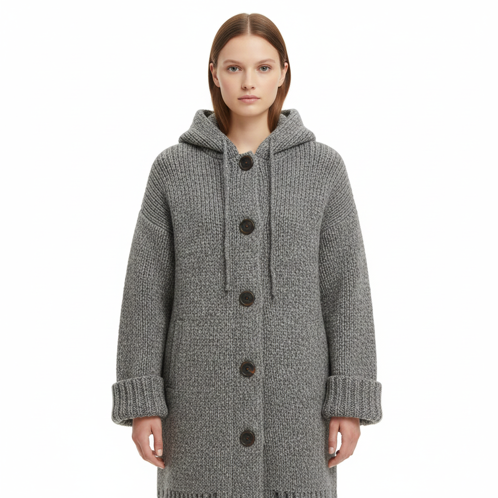 Women's Long Cardigan with Hood and Knit Design