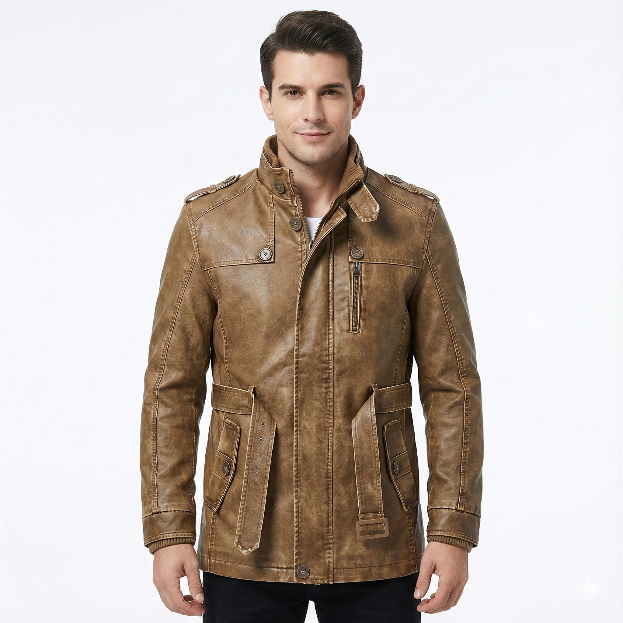 Men's Vintage Leather Jacket with Warm Lining and Buttons
