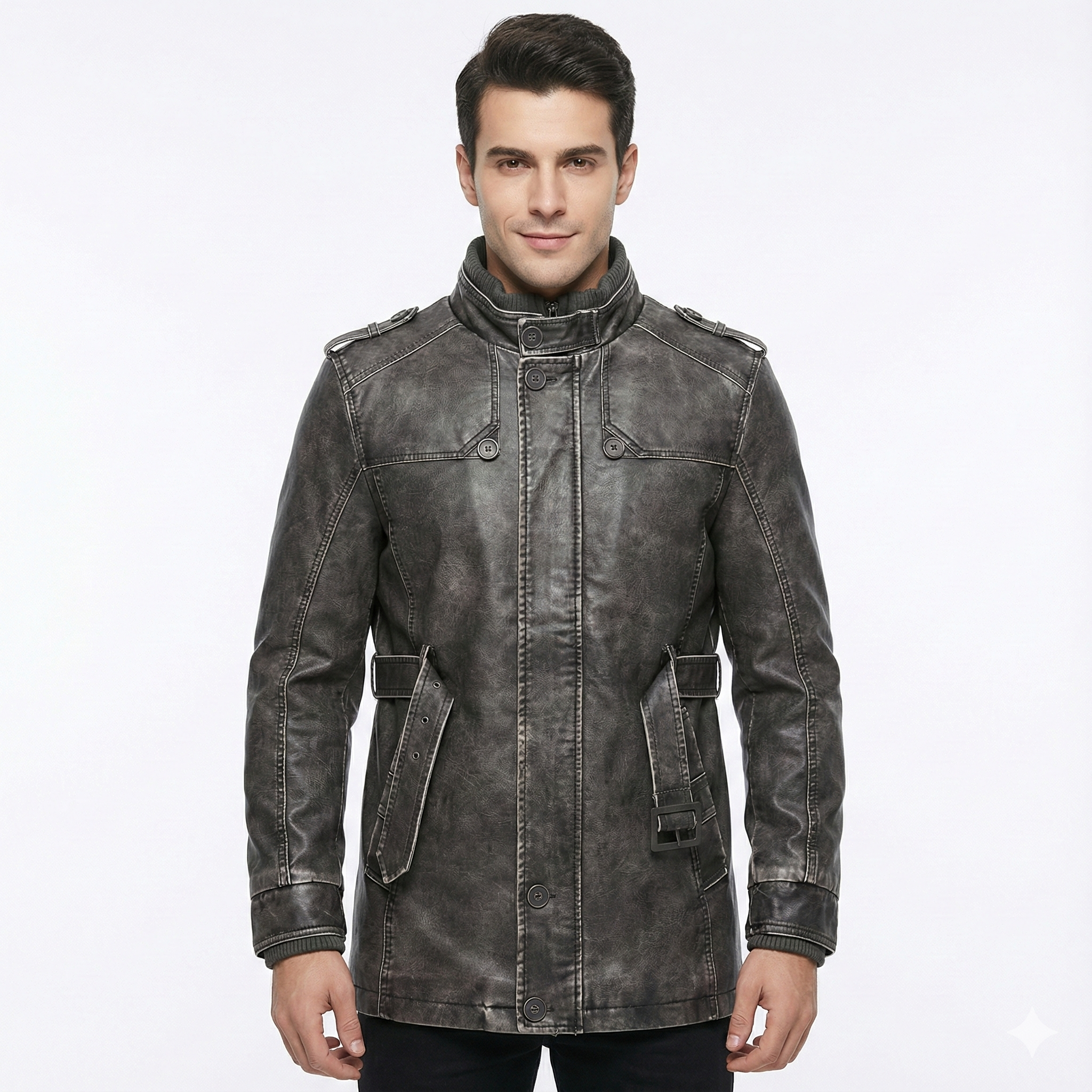 Men's Vintage Leather Jacket with Warm Lining and Buttons