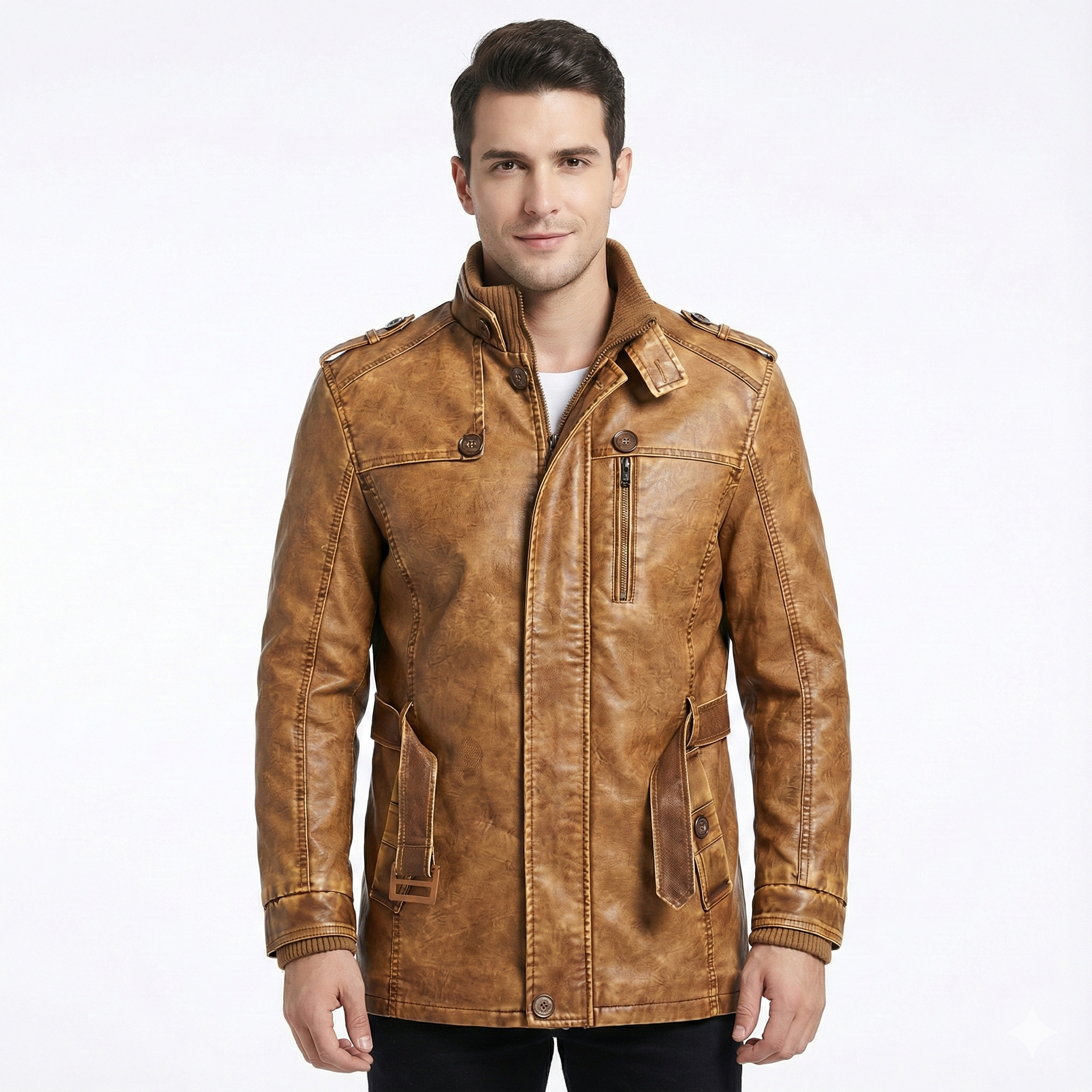 Men's Vintage Leather Jacket with Warm Lining and Buttons