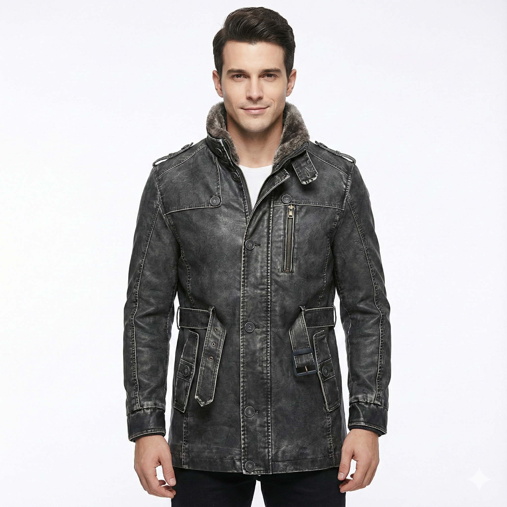 Men's Vintage Leather Jacket with Warm Lining and Buttons