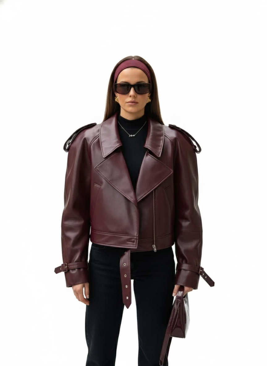 Women's Oversized Jacket with Faux Leather Effect and Belt