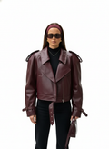 Women's Oversized Jacket with Faux Leather Effect and Belt