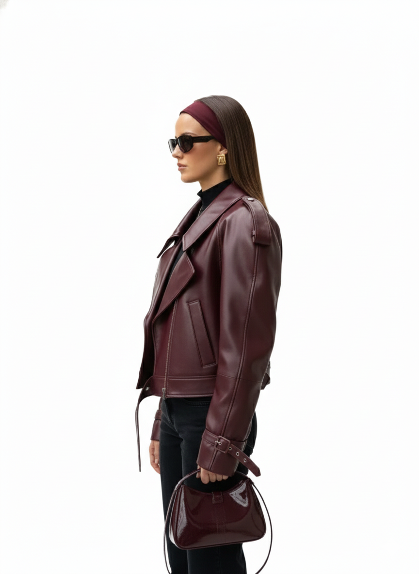 Women's Oversized Jacket with Faux Leather Effect and Belt