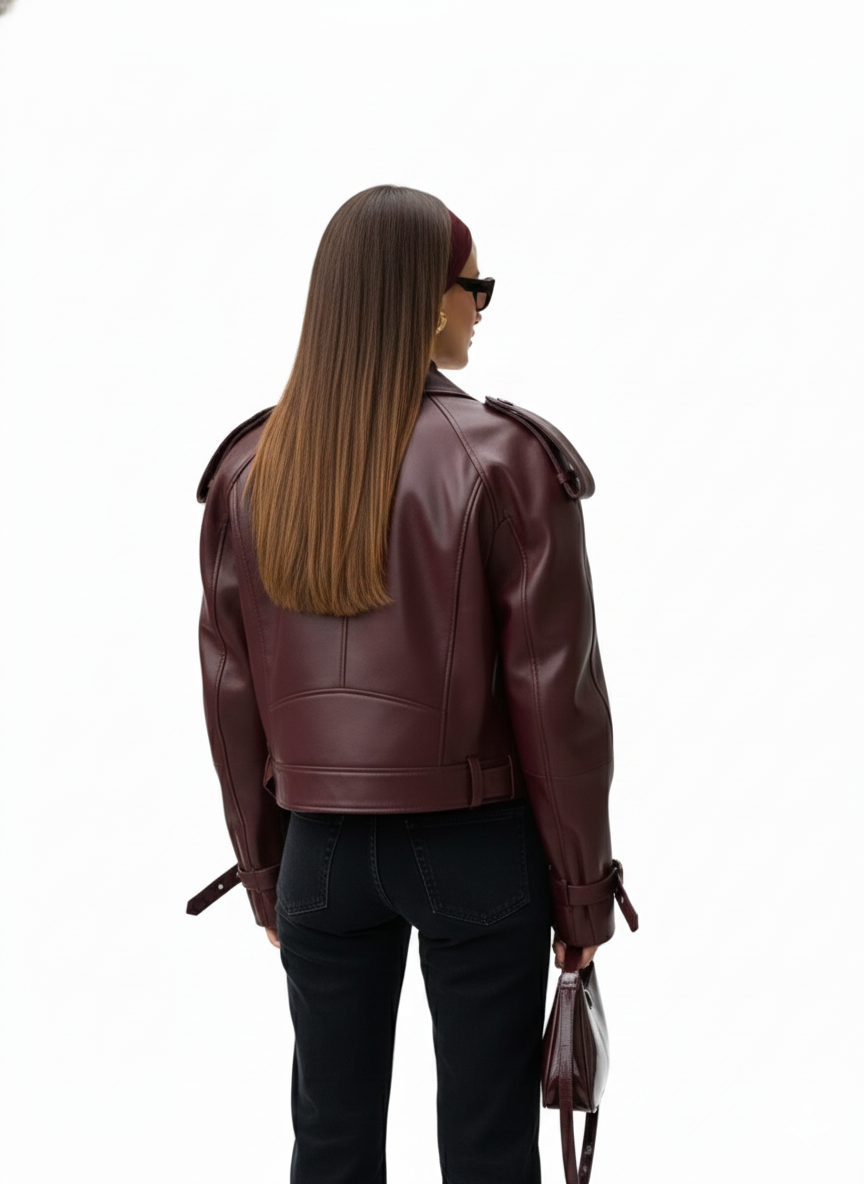 Women's Oversized Jacket with Faux Leather Effect and Belt