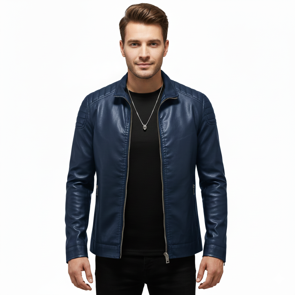 Men's Leather Jacket with Regular Fit and Zip Closure