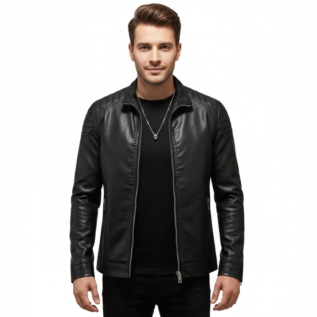 Men's Leather Jacket with Regular Fit and Zip Closure