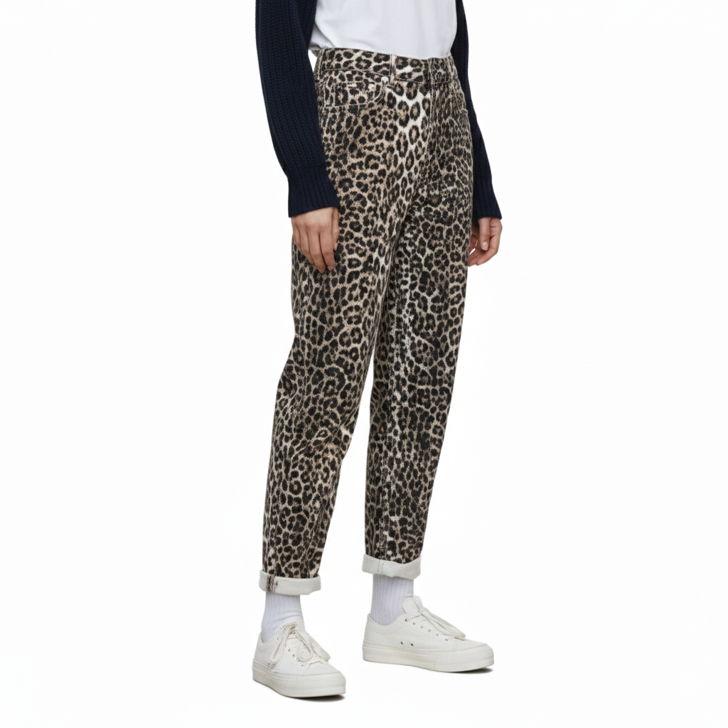 Women's Jeans with Leopard Print and Comfortable Fit