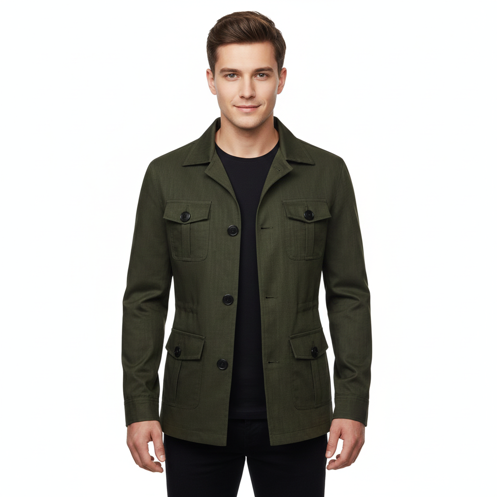 Men's Jacket with Button-Front Closure and Multiple Pockets