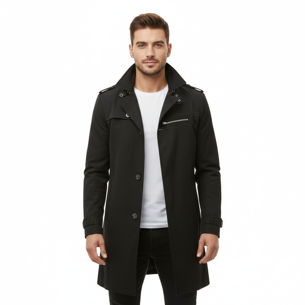 Men's Trench Coat with Waterproof Design and Double-Breasted Closure