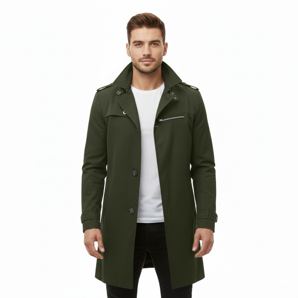 Men's Trench Coat with Waterproof Design and Double-Breasted Closure