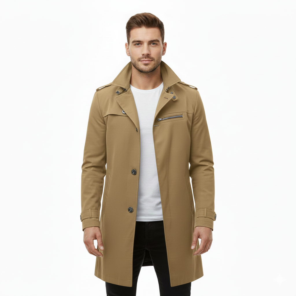Men's Trench Coat with Waterproof Design and Double-Breasted Closure