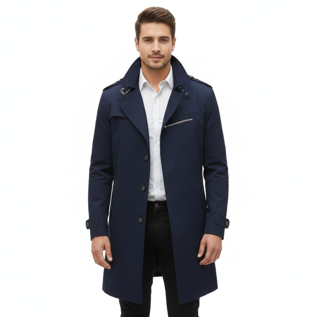 Men's Trench Coat with Waterproof Design and Double-Breasted Closure