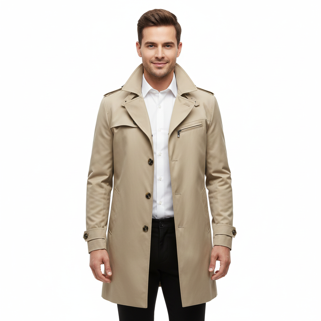 Men's Trench Coat with Waterproof Design and Double-Breasted Closure