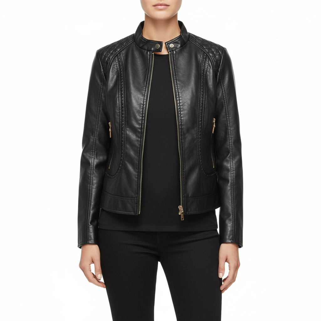 Women's Leather Jacket with High Collar and Zippers