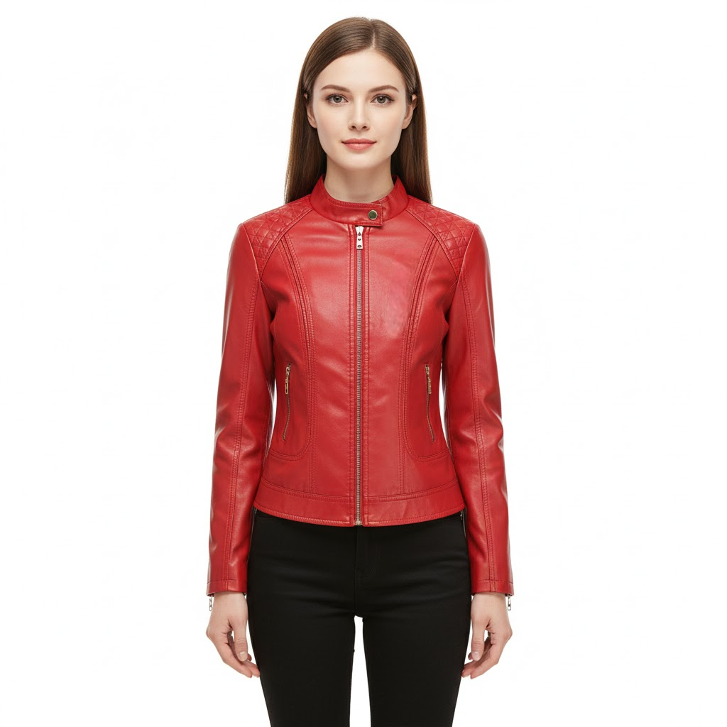 Women's Leather Jacket with High Collar and Zippers