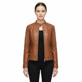 Women's Leather Jacket with High Collar and Zippers