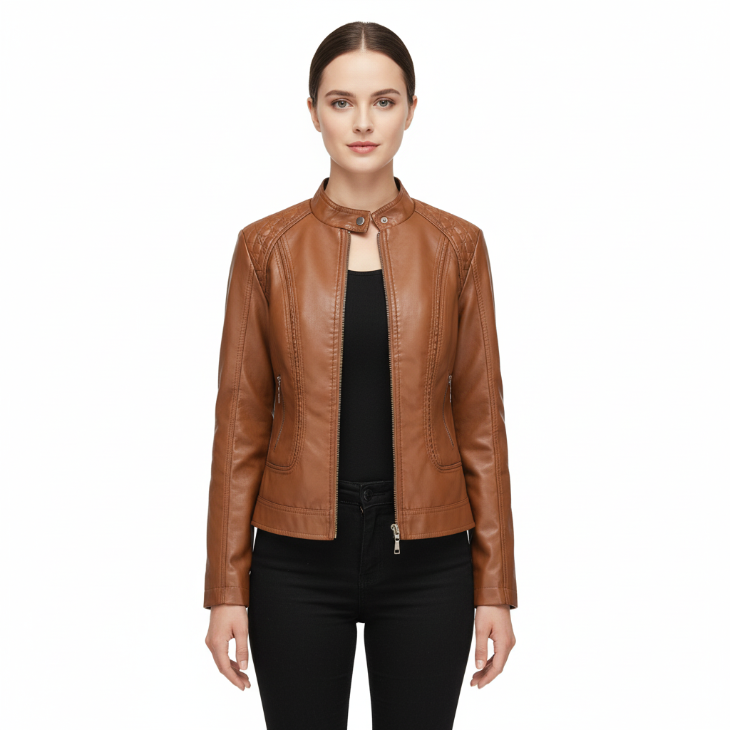 Women's Leather Jacket with High Collar and Zippers