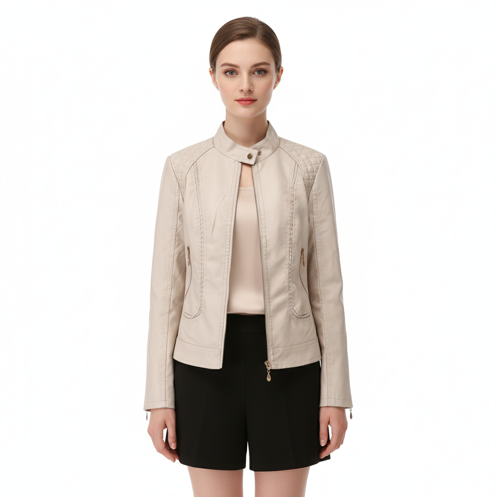 Women's Leather Jacket with High Collar and Zippers