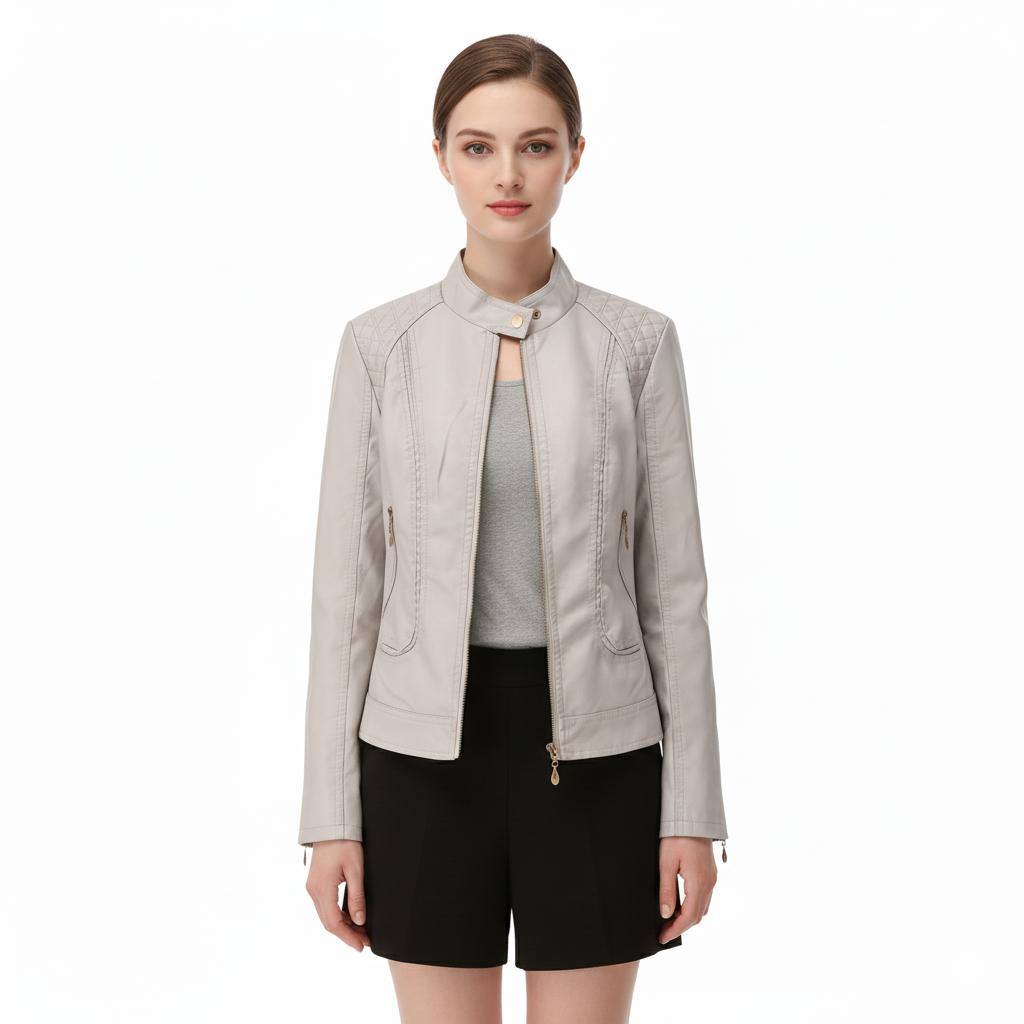 Women's Leather Jacket with High Collar and Zippers