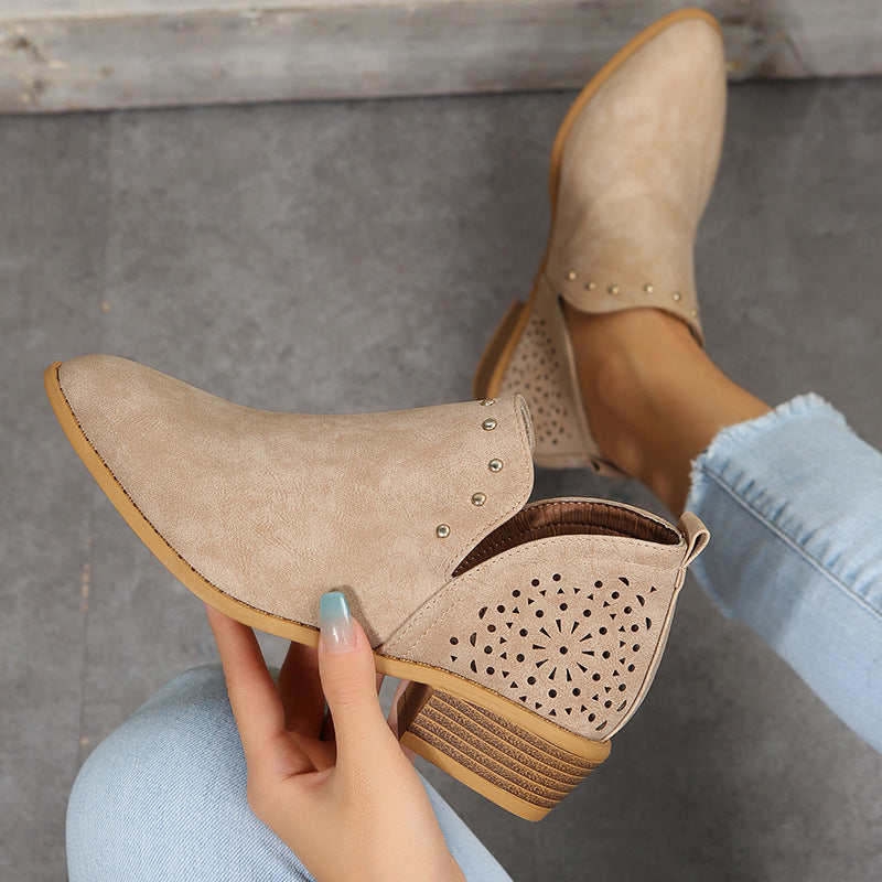 Beth Women's Perforated Studded Low Heel Ankle Boots, view 3