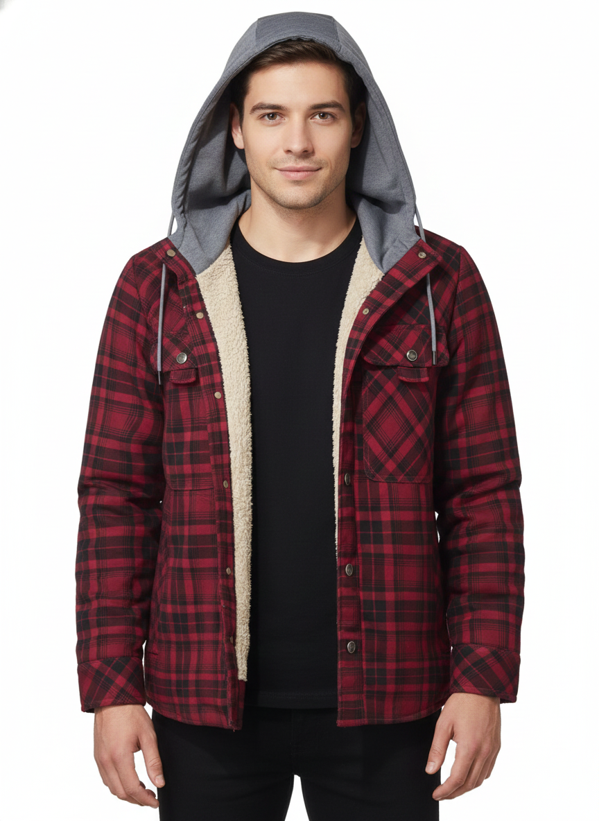Men's Plaid Jacket with Adjustable Hood and Warm Lining