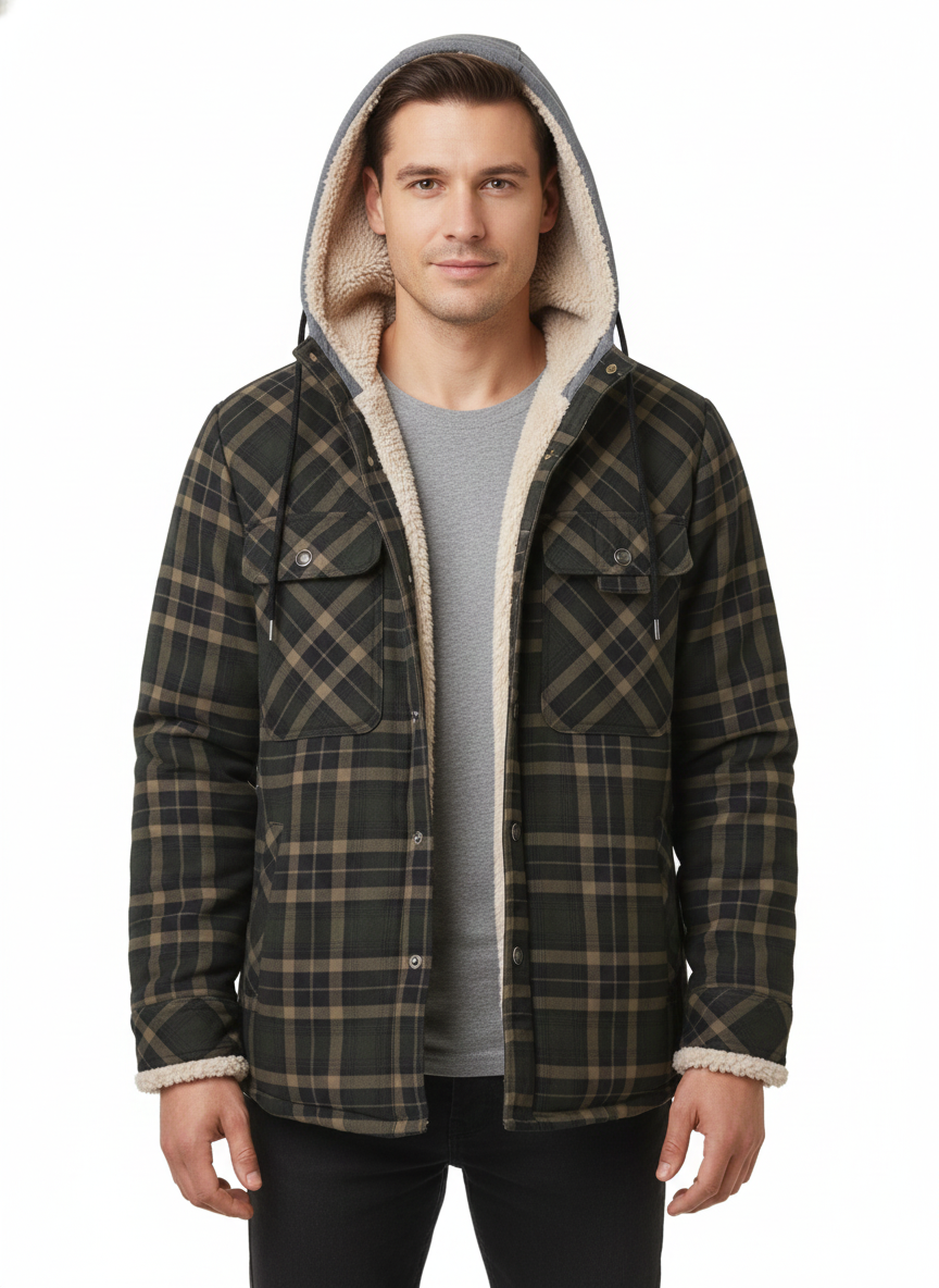 Men's Plaid Jacket with Adjustable Hood and Warm Lining