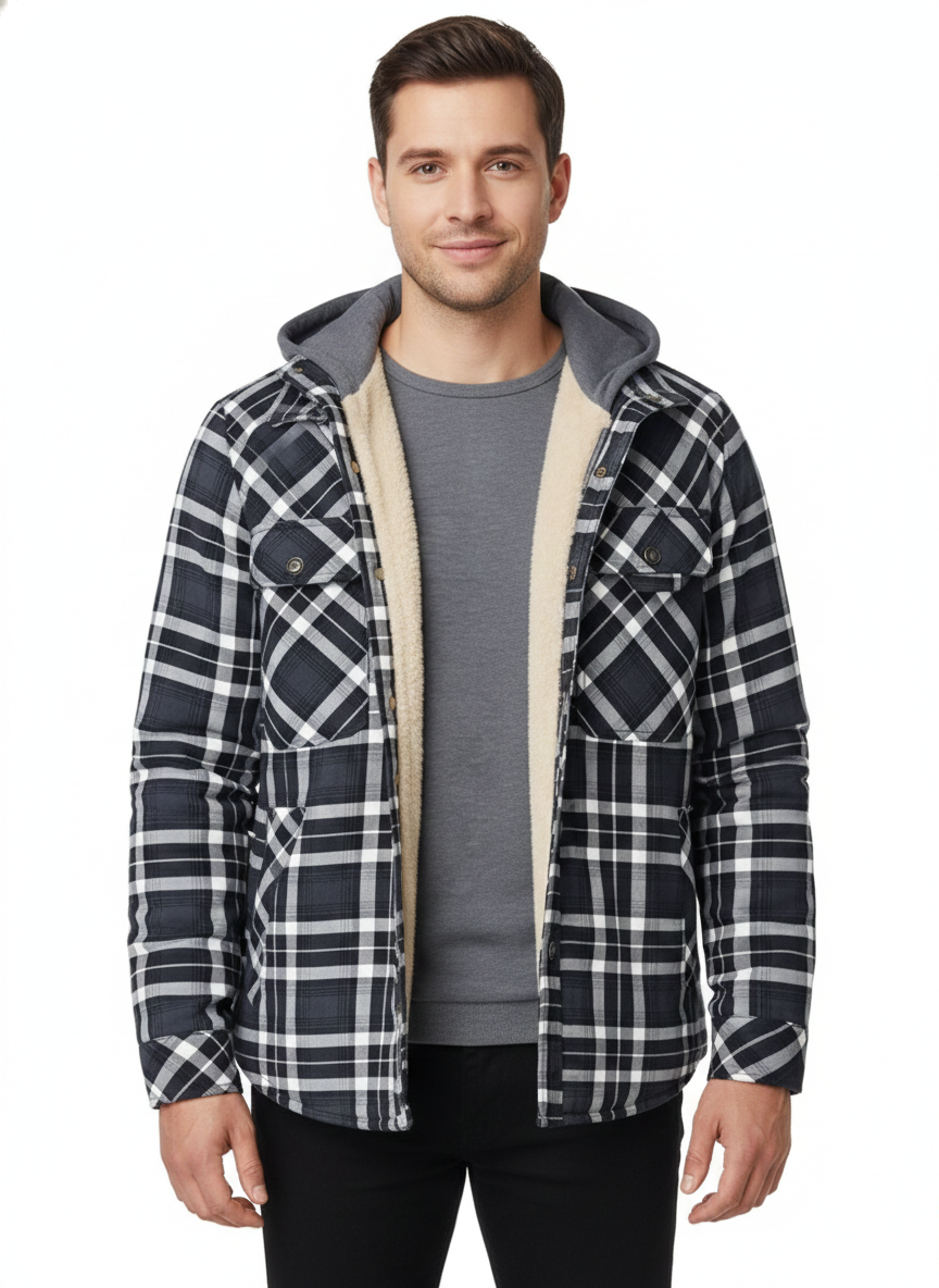 Men's Plaid Jacket with Adjustable Hood and Warm Lining