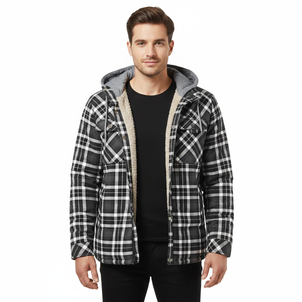 Men's Plaid Jacket with Adjustable Hood and Warm Lining