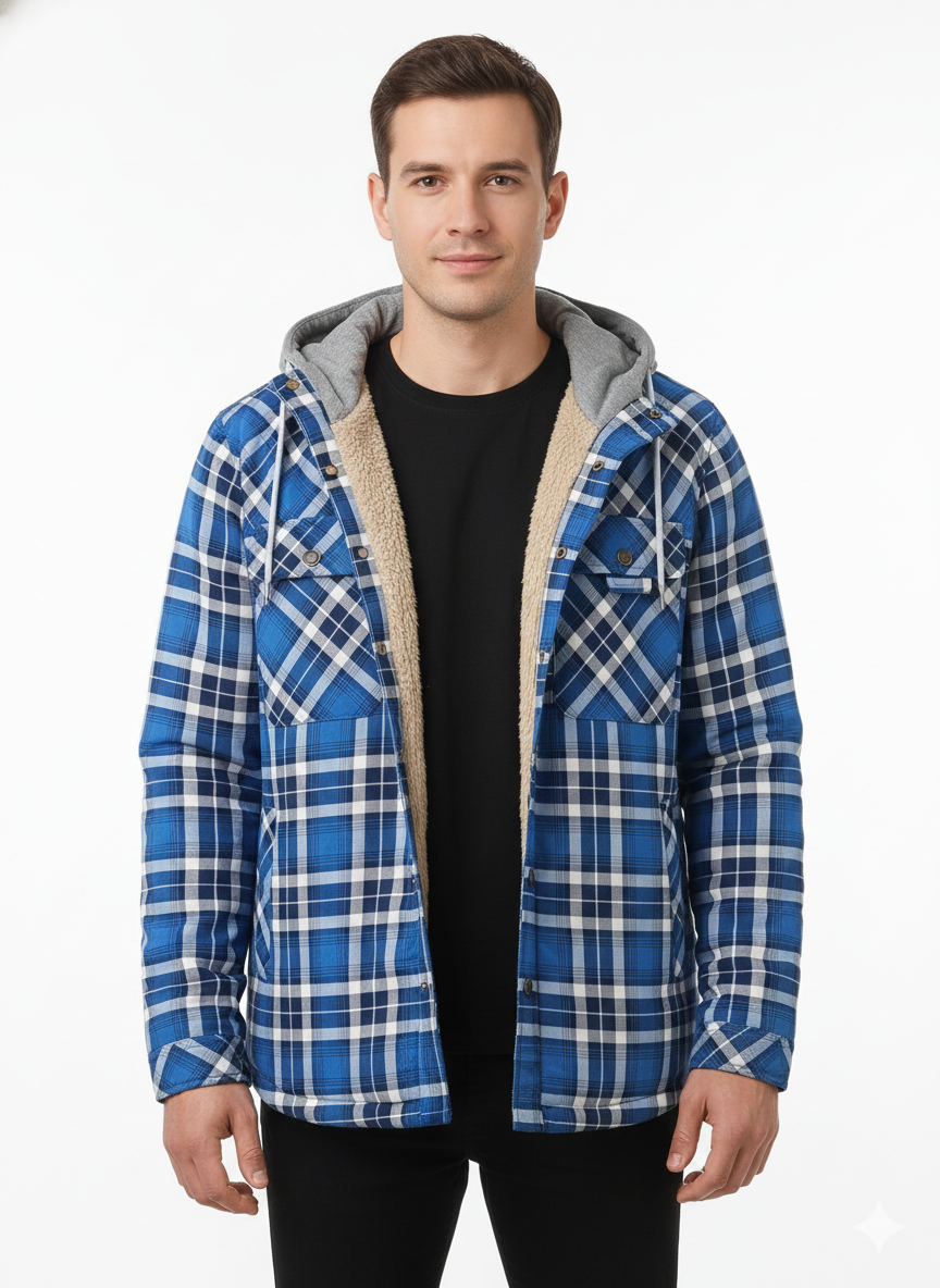 Men's Plaid Jacket with Adjustable Hood and Warm Lining