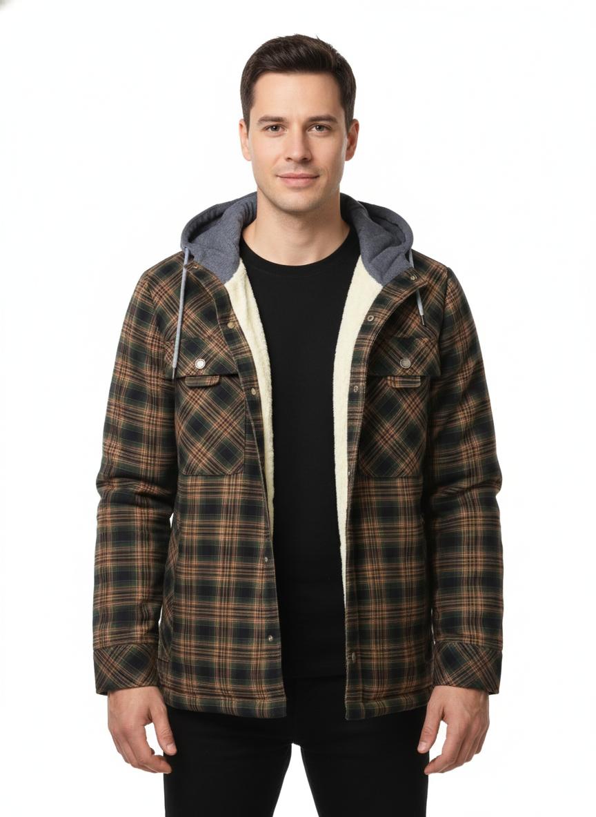 Men's Plaid Jacket with Adjustable Hood and Warm Lining