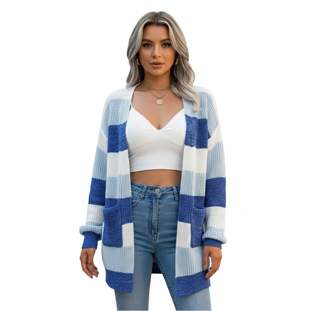 Women's Cardigan with Checked Pattern and Lantern Sleeves