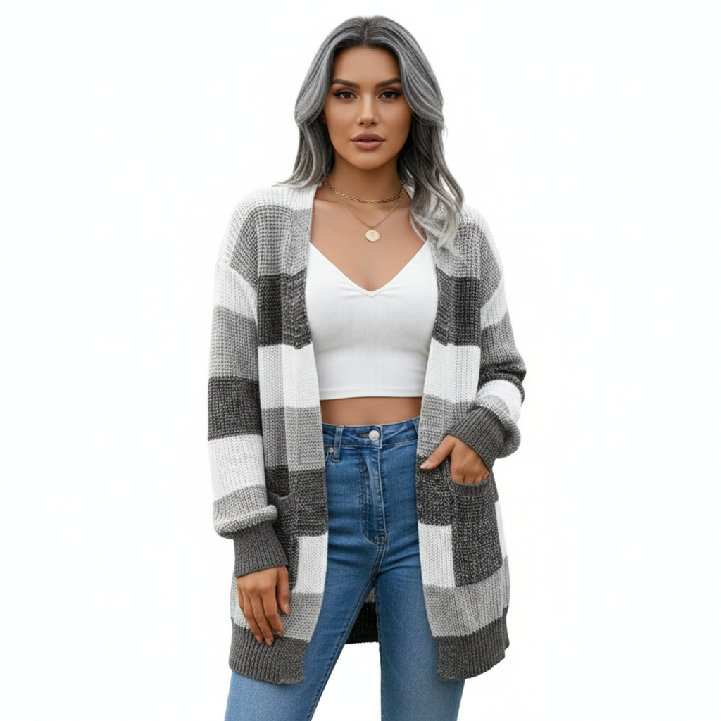 Women's Cardigan with Checked Pattern and Lantern Sleeves