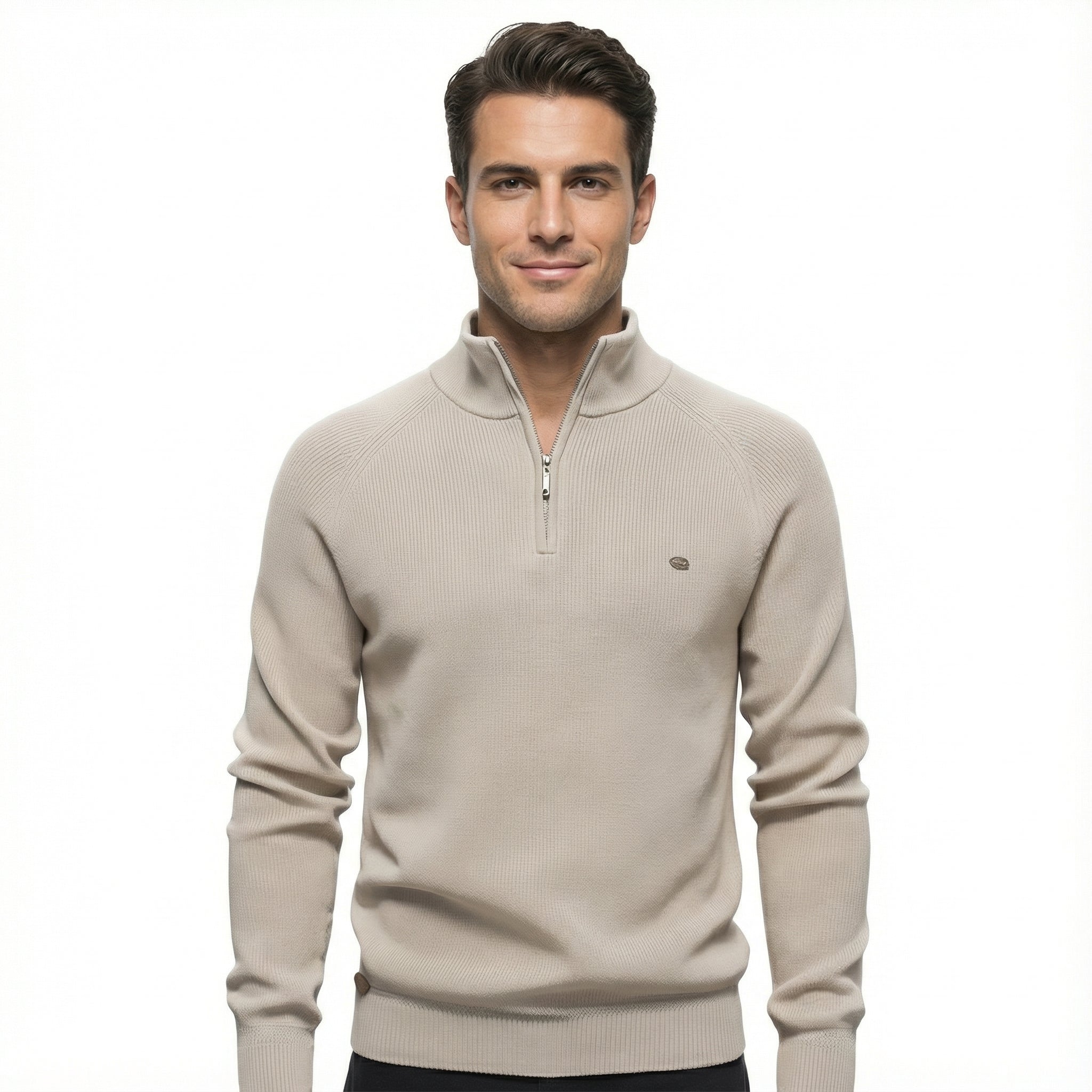Men's Knitted Sweater with Zip Collar and Regular Fit