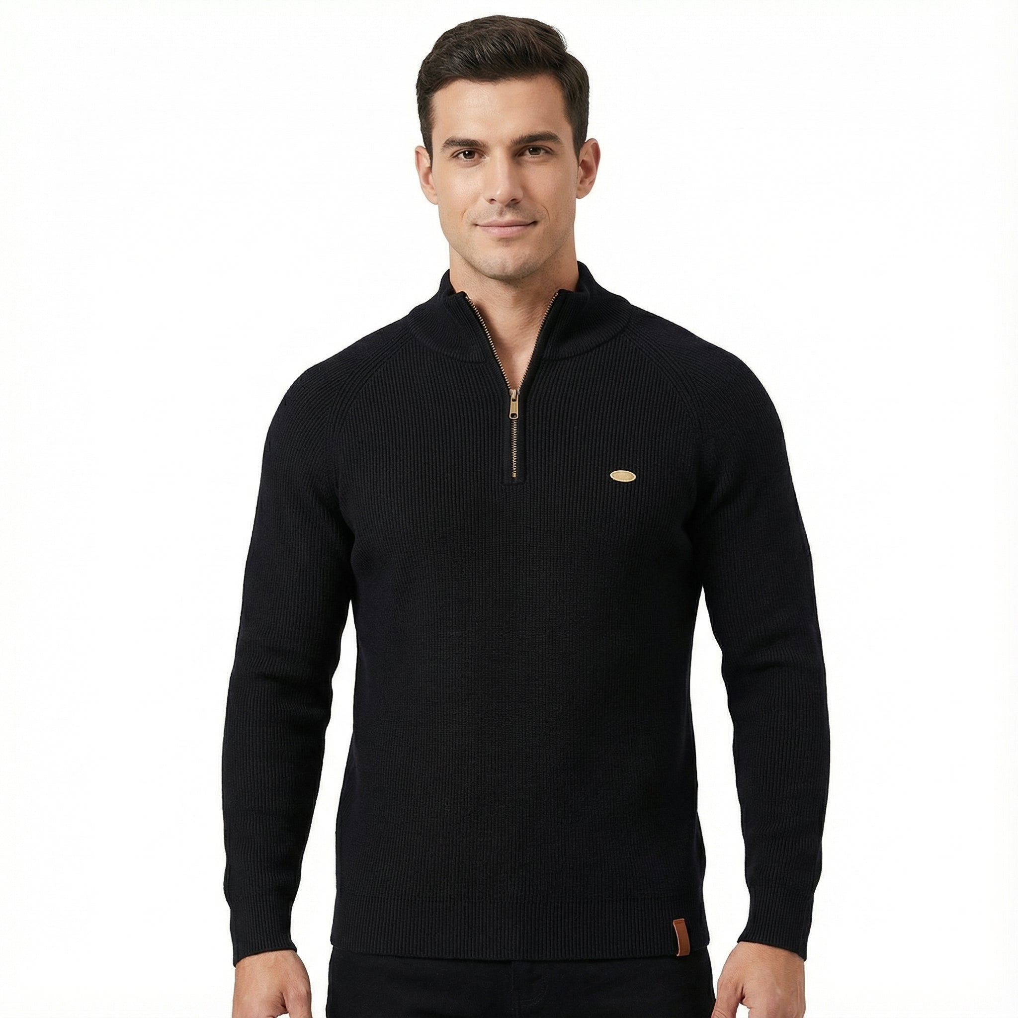 Men's Knitted Sweater with Zip Collar and Regular Fit