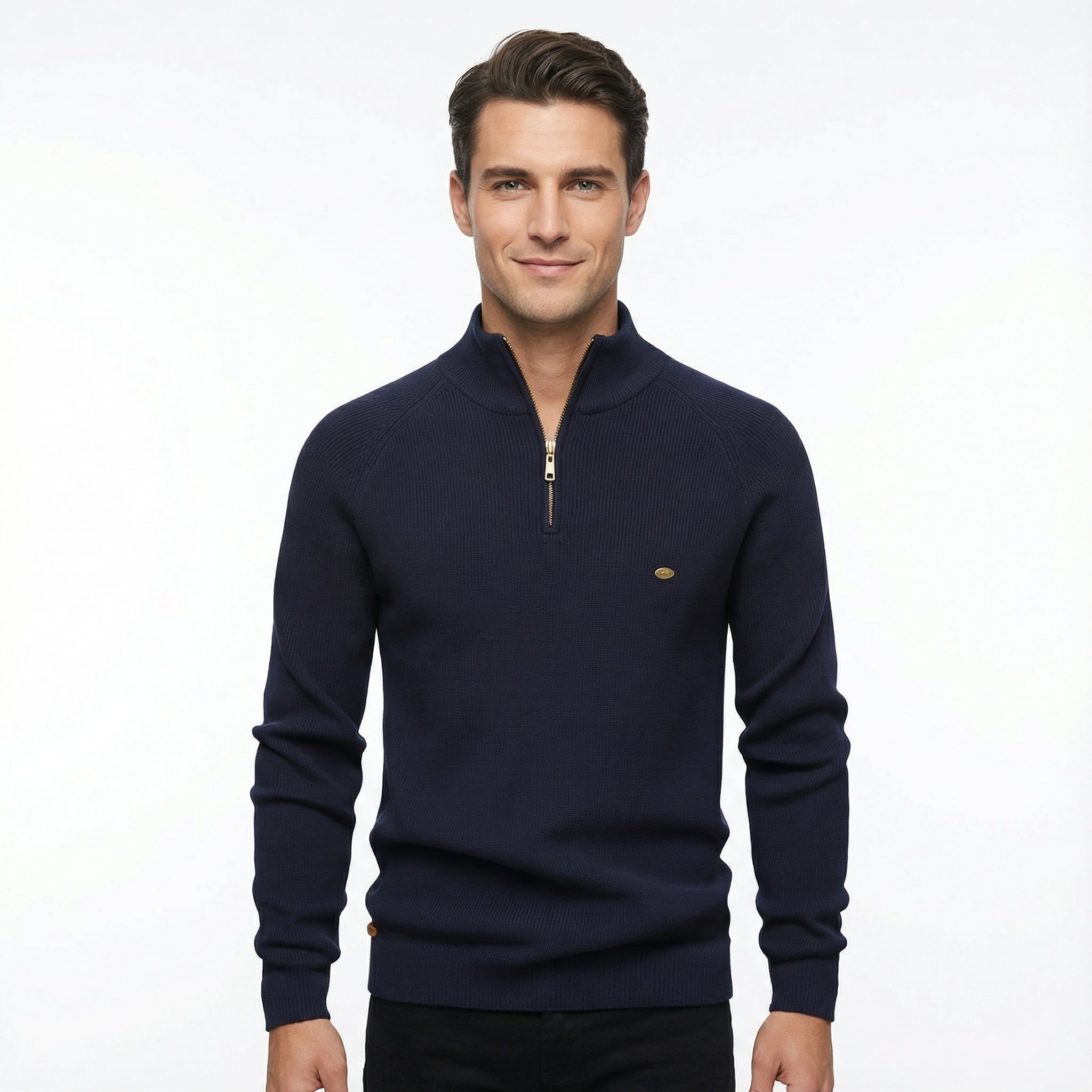 Men's Knitted Sweater with Zip Collar and Regular Fit