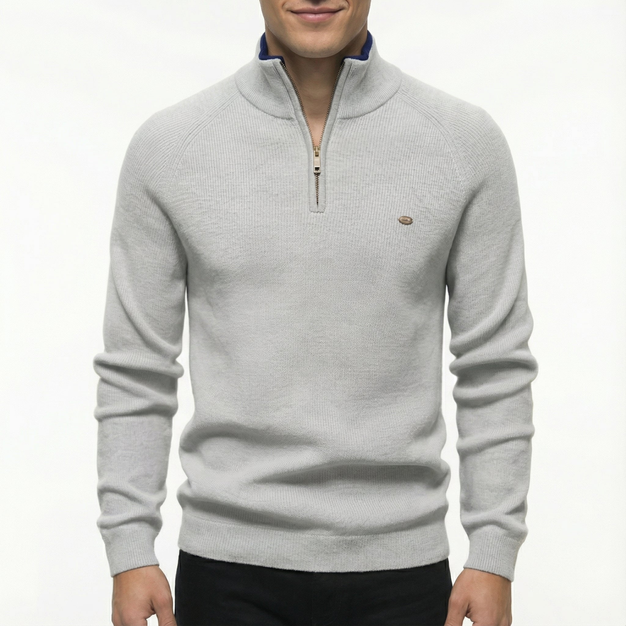 Men's Knitted Sweater with Zip Collar and Regular Fit