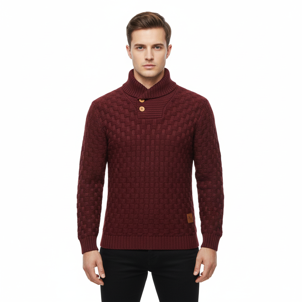 Men's Sweater with Stand-Up Collar and Wooden Buttons