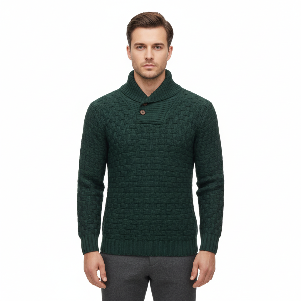 Men's Sweater with Stand-Up Collar and Wooden Buttons