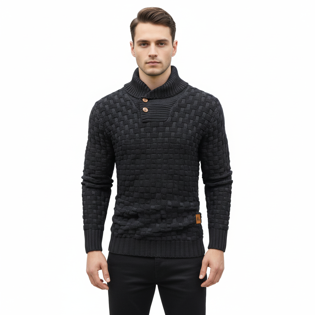 Men's Sweater with Stand-Up Collar and Wooden Buttons