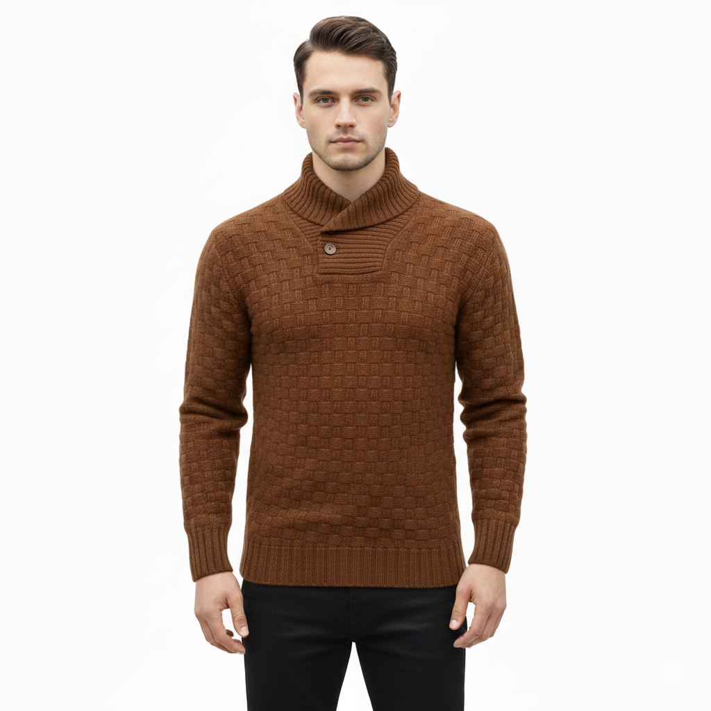 Men's Sweater with Stand-Up Collar and Wooden Buttons