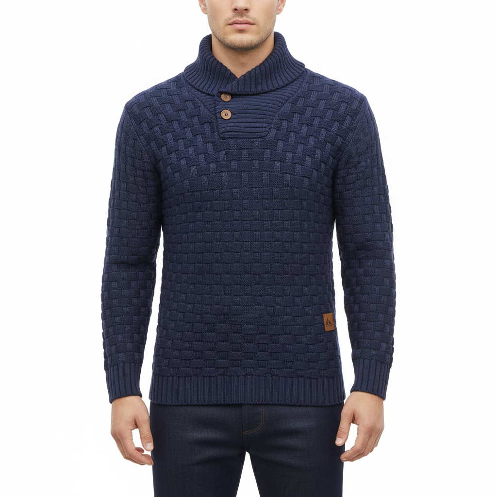 Men's Sweater with Stand-Up Collar and Wooden Buttons