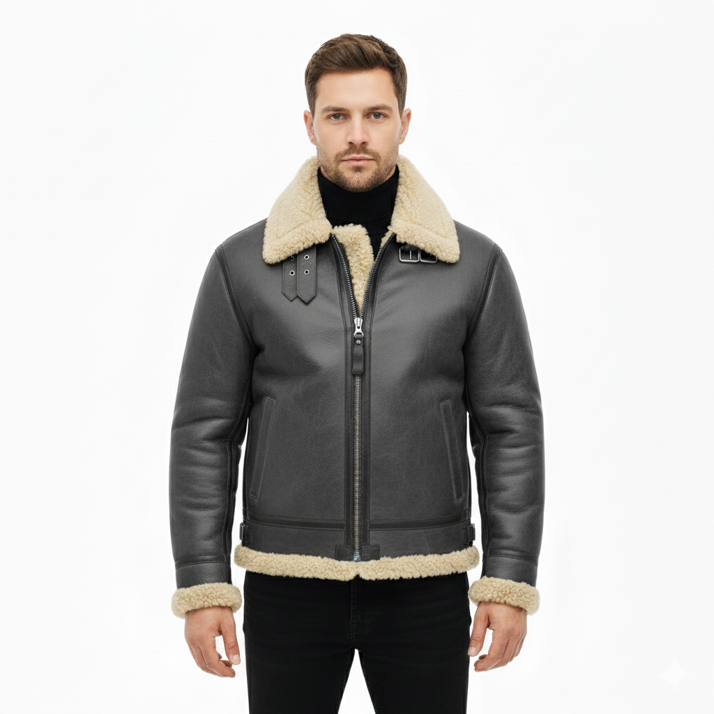 Men's Leather Jacket with Regular Fit and Zip Closure