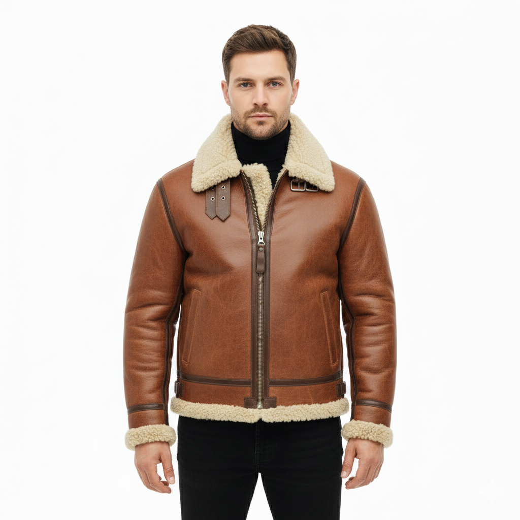Men's Leather Jacket with Regular Fit and Zip Closure
