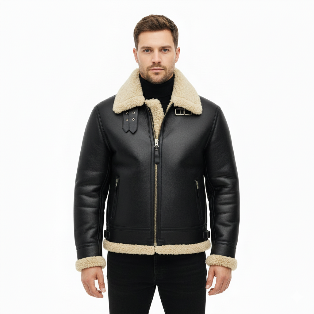 Men's Leather Jacket with Regular Fit and Zip Closure