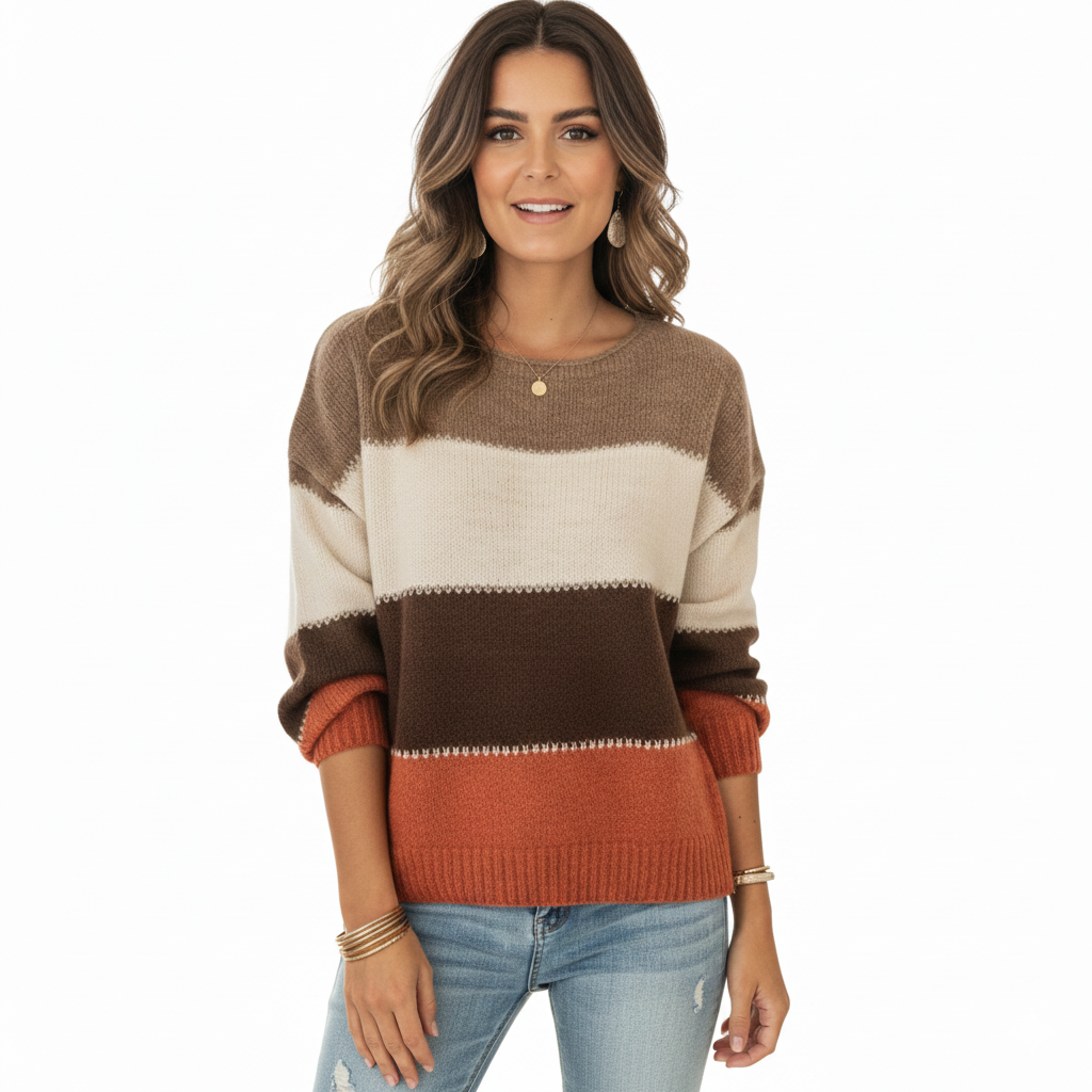 Women's Long Sleeve Sweater with Striped Pattern