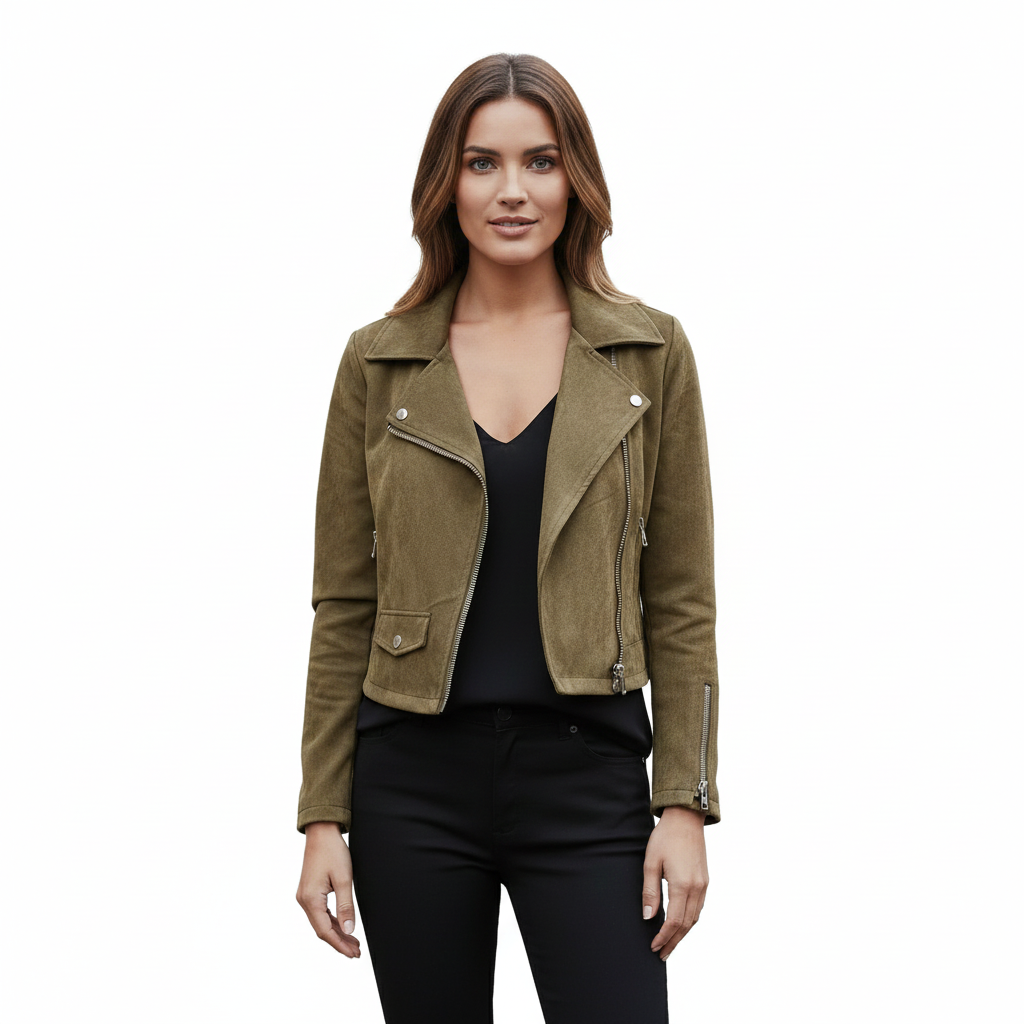 Women's Suede Jacket with Biker Style and Comfort