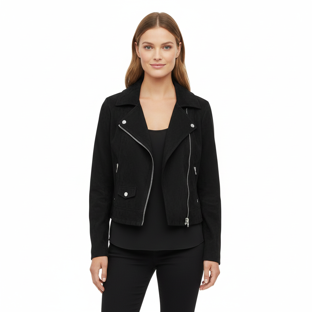 Women's Suede Jacket with Biker Style and Comfort